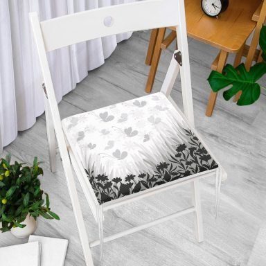 RealHomes Siyah Çiçekler Üzerinde Kelebek Motifli Özel Tasarım Fermuarlı Sandalye Minderi