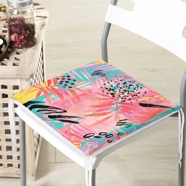 Mavi Zemin Üzerinde Pembe Yaprak Motifli Modern Fermuarlı Sandalye Minderi