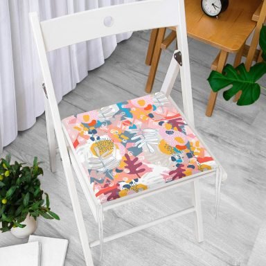 Geometrik Soyut Desenli Rengarenk Yaprak Motifli Fermuarlı Sandalye Minderi