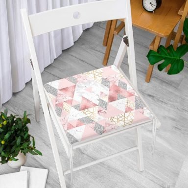 Geometrik Pembe Ve Gri Mermer Motifli Özel Tasarım Fermuarlı Sandalye Minderi