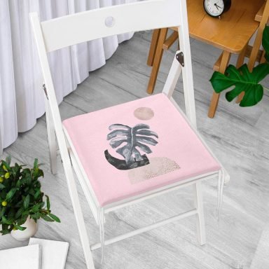 Pembe Zeminde Tropik Yaprak Desen Baskılı Özel Tasarım Fermuarlı Sandalye Minderi