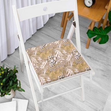 Leopar Temalı Kuru Yaprak Desenli Dijital Baskılı Fermuarlı Sandalye Minderi