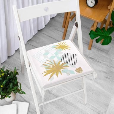Geometrik Çizimler Üzerinde Tropik Yaprak Motifli Fermuarlı Sandalye Minderi