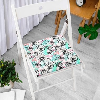 Renkli Yapraklar Üzerinde Flamingo Motifli Dekoratif Fermuarlı Sandalye Minderi