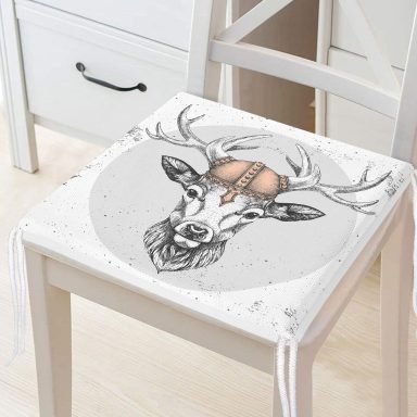 Beyaz Zeminde Alageyik Motifli Modern Fermuarlı Sandalye Minderi