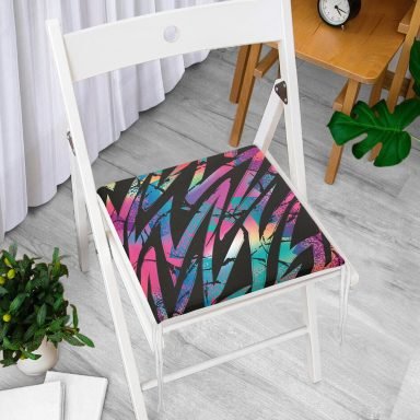 Siyah Zemin Üzerinde Neon Zigzag Desenli Dekoratif Fermuarlı Sandalye Minderi
