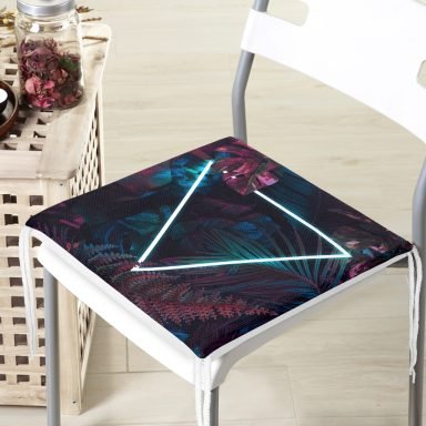 Tropik Yapraklar Üzerinde Neon Üçgen Motifli Fermuarlı Sandalye Minderi