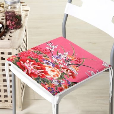 Pembe Zeminde Bahar Çiçekleri Desenli Modern Fermuarlı Sandalye Minderi