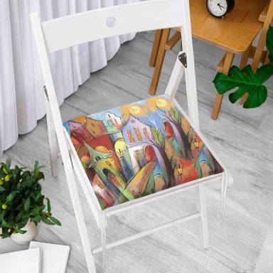 Renkli Sulu Boya Çizimli Gece Kondu Evleri Motifli Dekoratif Fermuarlı Sandalye Minderi