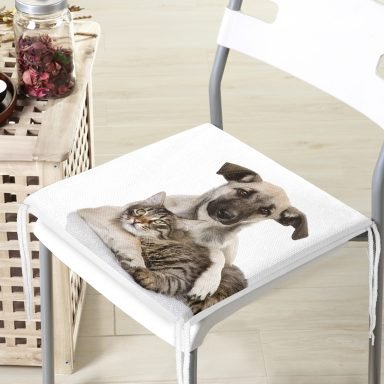 Köpek ve Kedili Dijital Baskılı Modern Fermuarlı Sandalye Minderi
