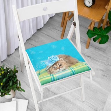 Mavi Şapkalı Kedi Desenli Modern Fermuarlı Sandalye Minderi