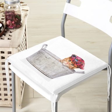 Sepette Şapkalı Kedi Desenli Dijital Baskılı Modern Fermuarlı Sandalye Minderi
