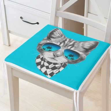 Mavi Zeminde Gözlüklü Cool Kedi Motifli Fermuarlı Sandalye Minderi