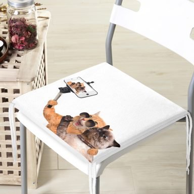 Selfie Çekinen Köpekli Kedi Modern Fermuarlı Sandalye Minderi