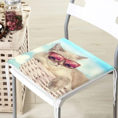 Sepetteki Gözlüklü Kedi Dijital Baskılı Modern Fermuarlı Sandalye Minderi