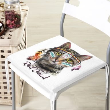Kızıl Derili Kedi Motifli Modern Fermuarlı Sandalye Minderi
