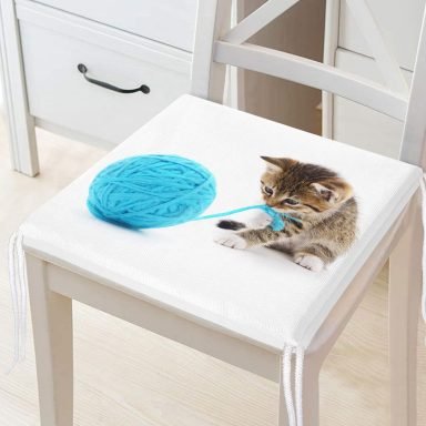 İple Oynayan Yavru Kedi Desenli Modern Fermuarlı Sandalye Minderi