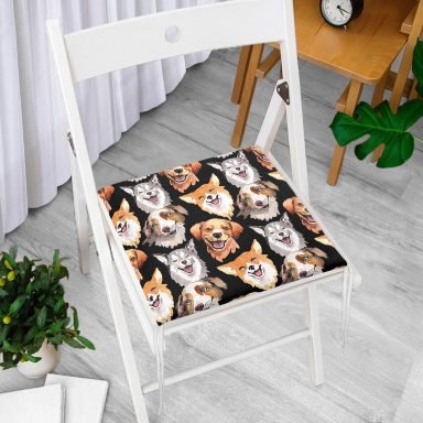 Siyah Zemindeki Sevimli Köpekler Modern Fermuarlı Sandalye Minderi