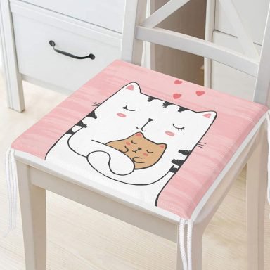 Yavrusuna Sarılmış Kedi Motifli Modern Fermuarlı Sandalye Minderi