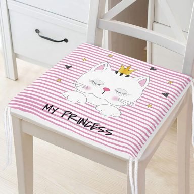 My Princess Pembe Çizgiler Üzerinde Taçlı Kedicik Fermuarlı Sandalye Minderi