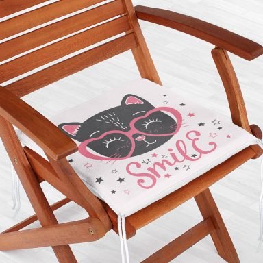 Kalpli Gözlüklü Smile Kedicik Dijital Baskılı Fermuarlı Sandalye Minderi
