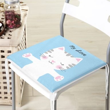 Mavi Zeminde My Love Yazılı Sevimli Kedicik Desenli Dekoratif Fermuarlı Sandalye Minderi