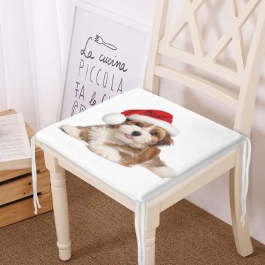 Yılbaşı Şapkalı Köpek Desenli Dijital Baskılı Modern Fermuarlı Sandalye Minderi
