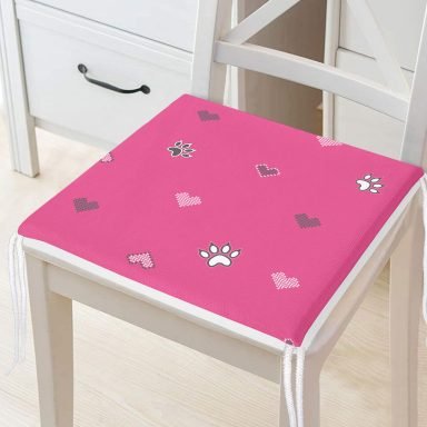 Pembe Zeminli Kalp ve Pati İzleri Modern Fermuarlı Sandalye Minderi