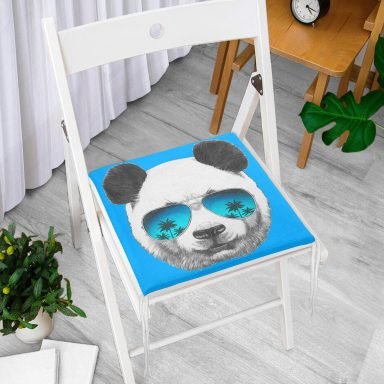 Mavi Zeminde Gözlüklü Cool Panda Motifli Dekoratif Fermuarlı Sandalye Minderi
