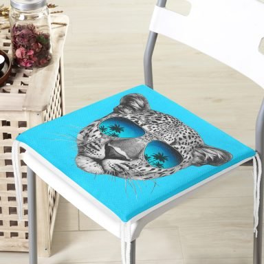Mavi Zeminli Gözlüklü Cool Leopar Desenli Modern Fermuarlı Sandalye Minderi