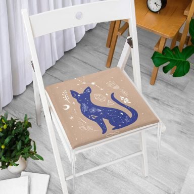 Haki Zeminli Mavi Kedi Desenli Özel Tasarım Fermuarlı Sandalye Minderi