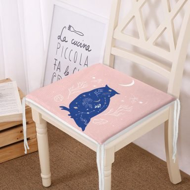 Bej Pembe Zeminde Mavi Baykuş Motifli Dekoratif Fermuarlı Sandalye Minderi