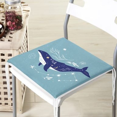 Buz Mavisi Zeminli Balina Desenli Modern Fermuarlı Sandalye Minderi
