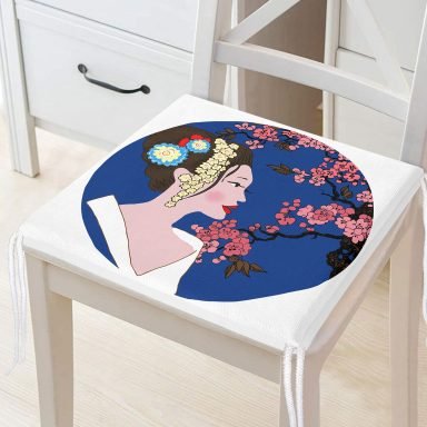 Çiçek Motifli Japon Kız Desenli Dekoratif Fermuarlı Sandalye Minderi