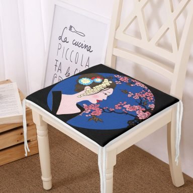 Çiçek Motifli Japon Kız Desenli Dekoratif Fermuarlı Sandalye Minderi