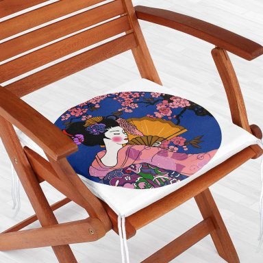 Çiçek Desenli Yelpazeli Japon Kız Motifli Modern Fermuarlı Sandalye Minderi