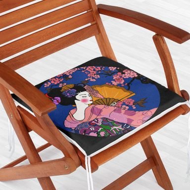 Çiçek Desenli Yelpazeli Japon Kız Motifli Modern Fermuarlı Sandalye Minderi