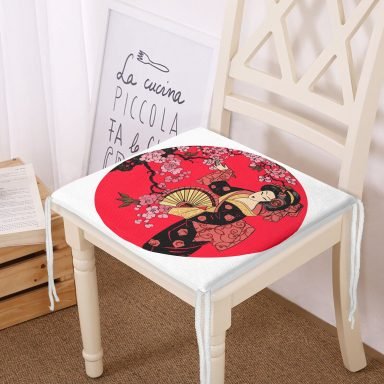 Çiçek Desenli Yelpazeli Japon Kız Motifli Modern Fermuarlı Sandalye Minderi