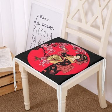 Çiçek Desenli Yelpazeli Japon Kız Motifli Modern Fermuarlı Sandalye Minderi