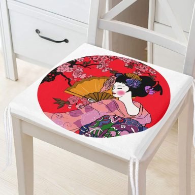 Çiçek Desenli Yelpazeli Japon Kız Motifli Modern Fermuarlı Sandalye Minderi