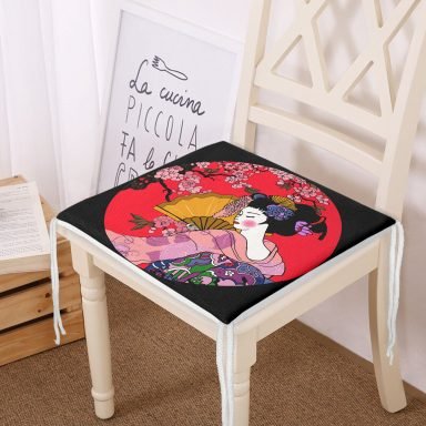 Çiçek Desenli Yelpazeli Japon Kız Motifli Modern Fermuarlı Sandalye Minderi