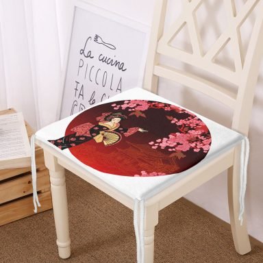Çiçek Desenli Yelpazeli Japon Kız Motifli Modern Fermuarlı Sandalye Minderi