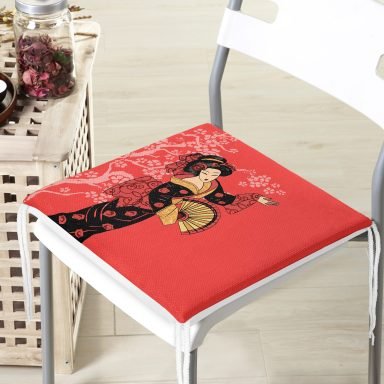 Prenses Pembe Zeminli Yelpazeli Kadın Desenli Dekoratif Fermuarlı Sandalye Minderi