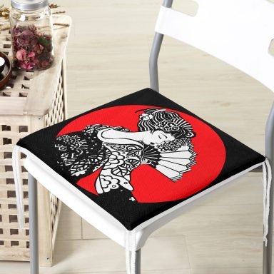 Siyah ve Kırmızı Zeminde Gri Japon Kız Motifli Fermuarlı Sandalye Minderi
