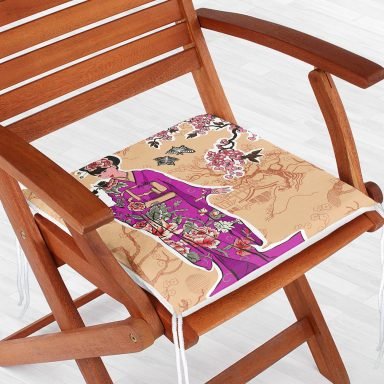 Çizgi Desen Zeminli Çiçekli Japon Kadın Motifli Modern Fermuarlı Sandalye Minderi