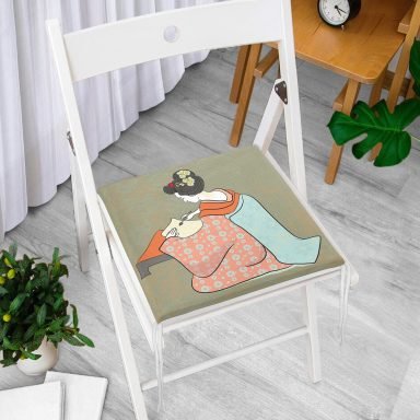 Gri Zeminde Yazı Yazan Japon Kadın Desenli Modern Fermuarlı Sandalye Minderi