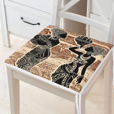 Etnik Desen Zeminli Afrika Kadın Motifli Dekoratif Fermuarlı Sandalye Minderi