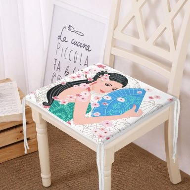 Mavi Yelpazeli Çizgi Motifli Kadın Motifli Dekoratif Fermuarlı Sandalye Minderi
