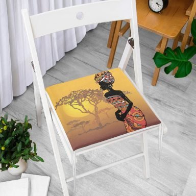 Güneşin Batışındaki Ağaç Zeminli Afrika Kadın Motifli Fermuarlı Sandalye Minderi