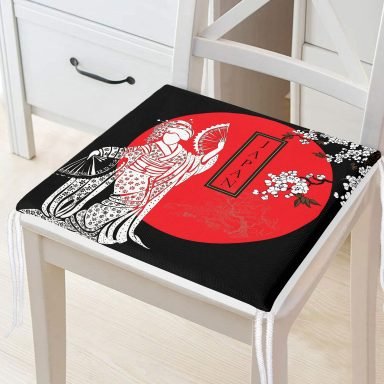 Beyaz Dal Desenli Çift Yelpazeli Japan Kadın Modern Fermuarlı Sandalye Minderi